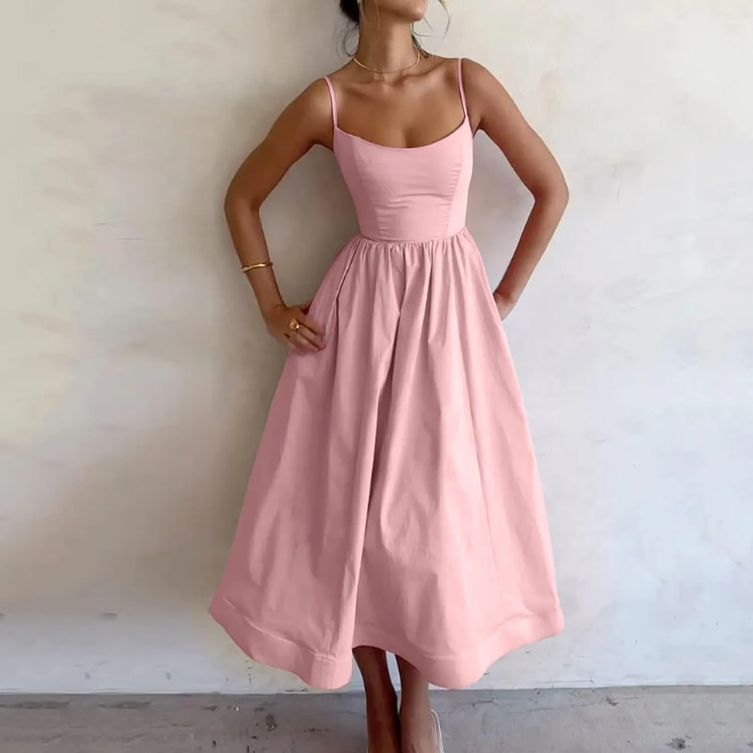Women's Sexy Low Cut Spaghetti Strap Long Dresses Sleeveless Backless Slimd Midi Dress Square Neck Bustier Dress