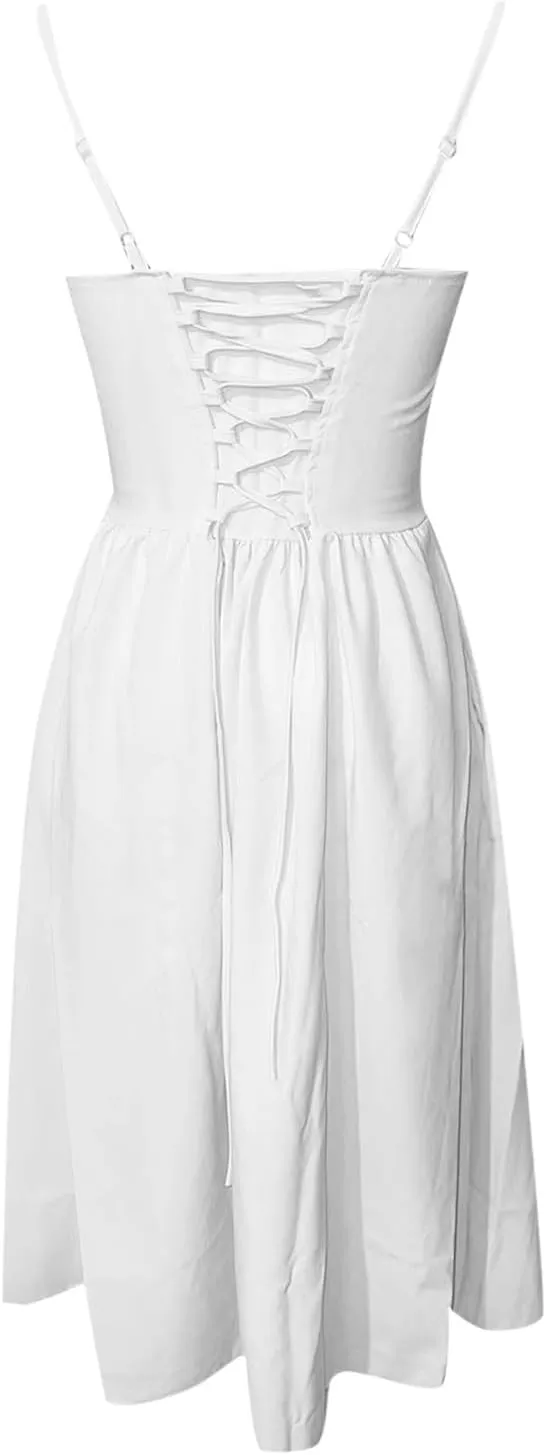 Women's Sexy Low Cut Spaghetti Strap Long Dresses Sleeveless Backless Slimd Midi Dress Square Neck Bustier Dress