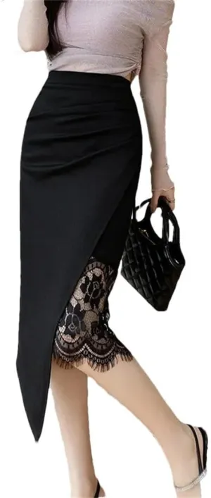Women's Spring Summer Professional Lace Splice Medium-Length Wrinkled Elegant Half-Length Skirt