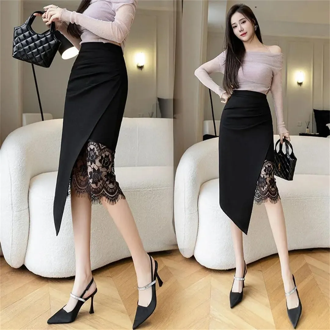 Women's Spring Summer Professional Lace Splice Medium-Length Wrinkled Elegant Half-Length Skirt