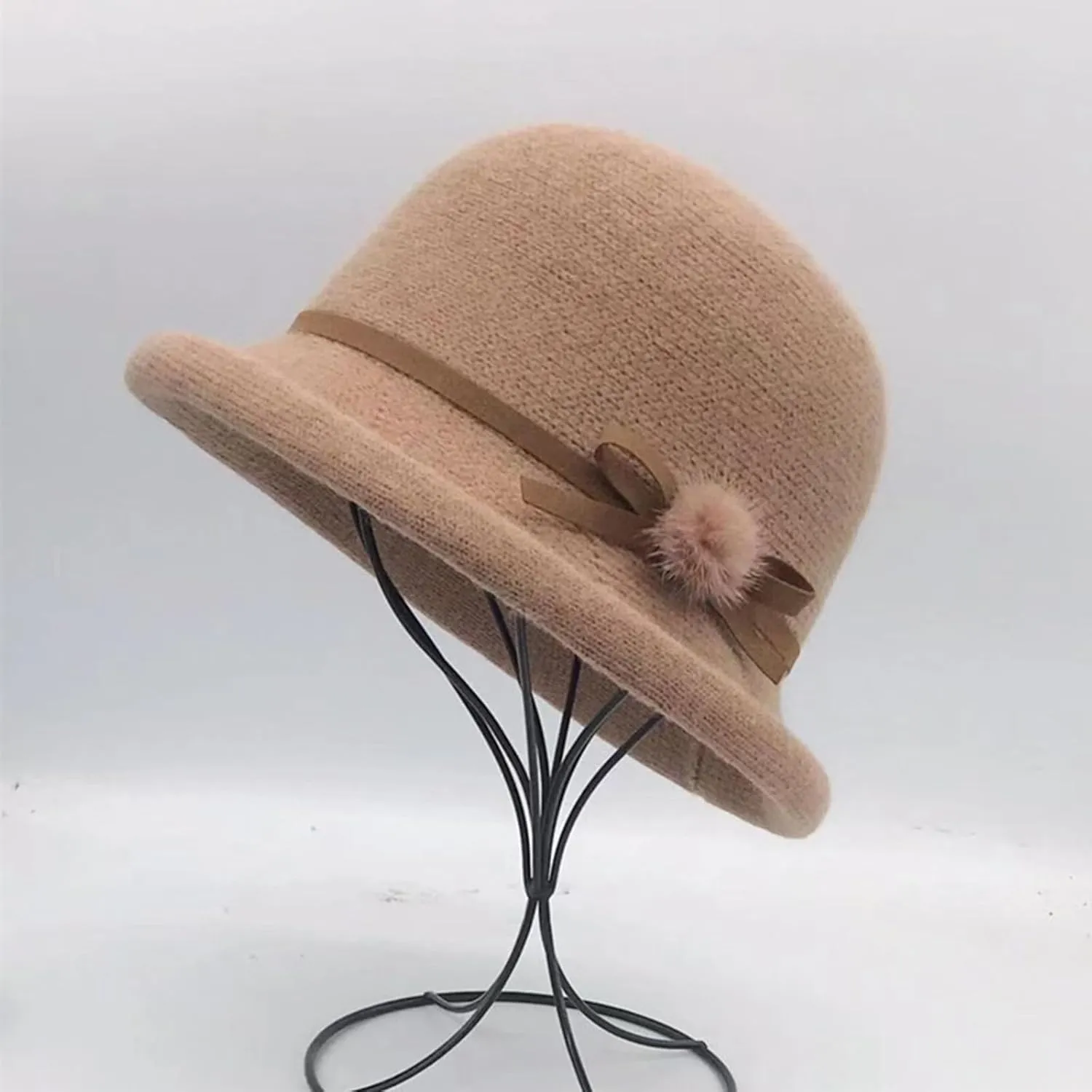 Womens Winter Church 1920s Bowler Bucket Hat Vintage Felt Cloche Cap Winter Floral Fedora Bow Pompom Bowler Hats