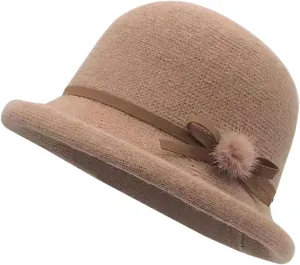 Womens Winter Church 1920s Bowler Bucket Hat Vintage Felt Cloche Cap Winter Floral Fedora Bow Pompom Bowler Hats