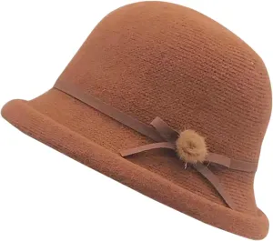 Womens Winter Church 1920s Bowler Bucket Hat Vintage Felt Cloche Cap Winter Floral Fedora Bow Pompom Bowler Hats