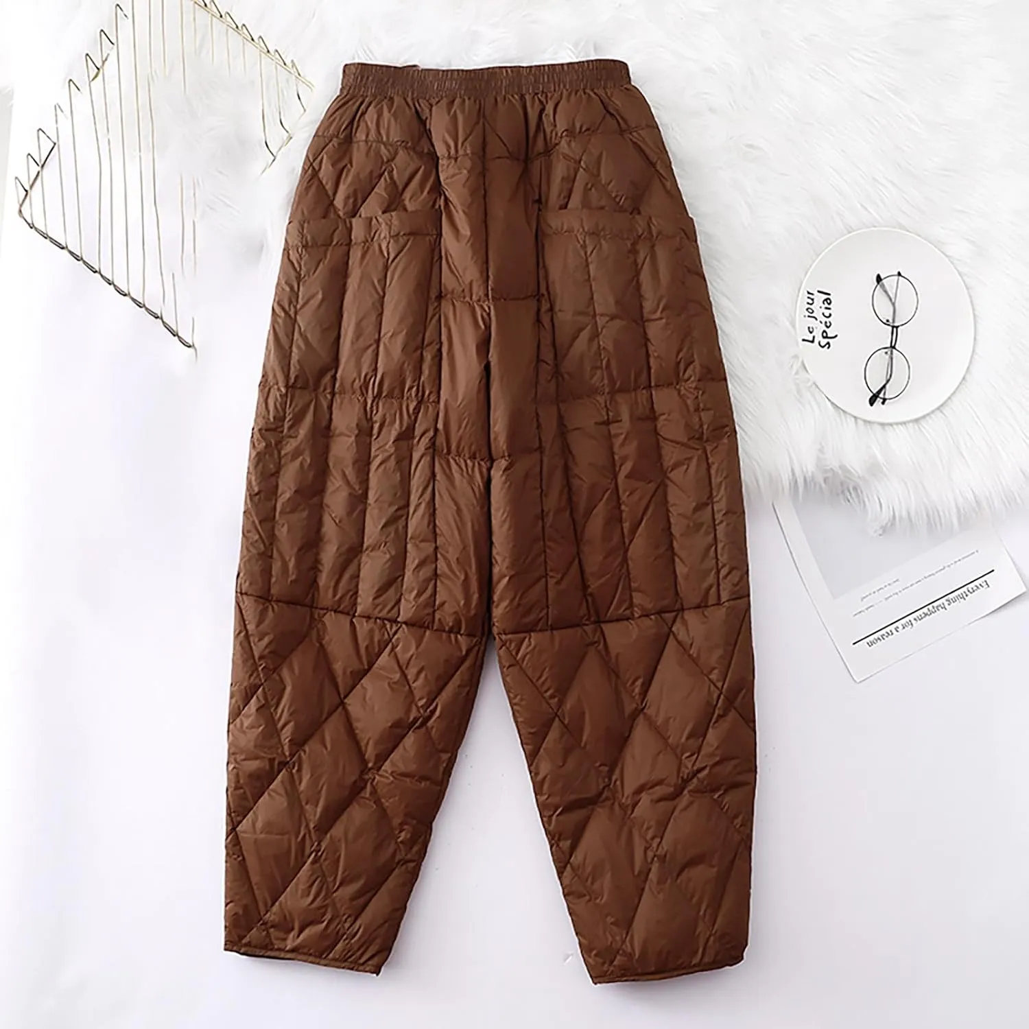 Women's Winter Warm Loose Utility Down Pants Windproof Padded Quilted Puffer Pants High Waisted Ski Snow Trousers
