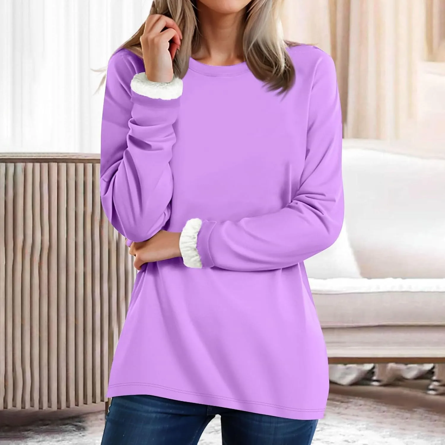 Women's Winter Warm Sherpa Lined Fleece Crewneck Pullover Sweatshirt Loungewear Tunic Tops Underwear