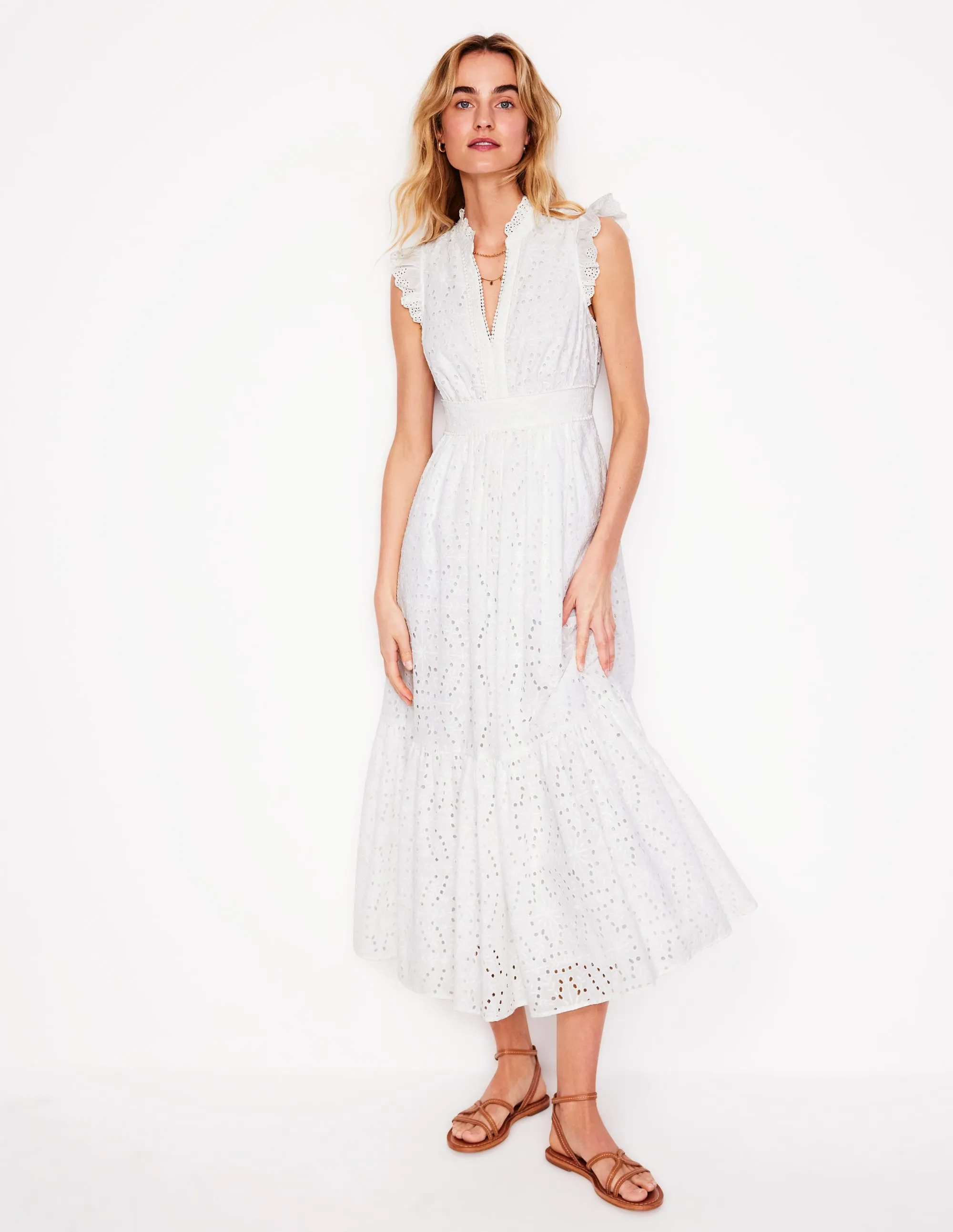Wren Broderie Midi Dress-Ivory, Broderie