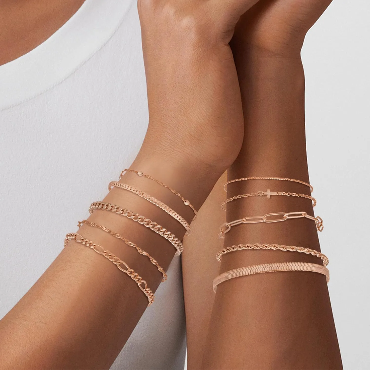 XIANNVXI Gold Bracelets Stack for Women Dainty Bracelets Thin Gold Bracelets Gold Chain Bracelet 10Pcs Paper Clip Bracelets Set Stackable Figaro Herringbone Paperclip Bracelet Pack for Womens