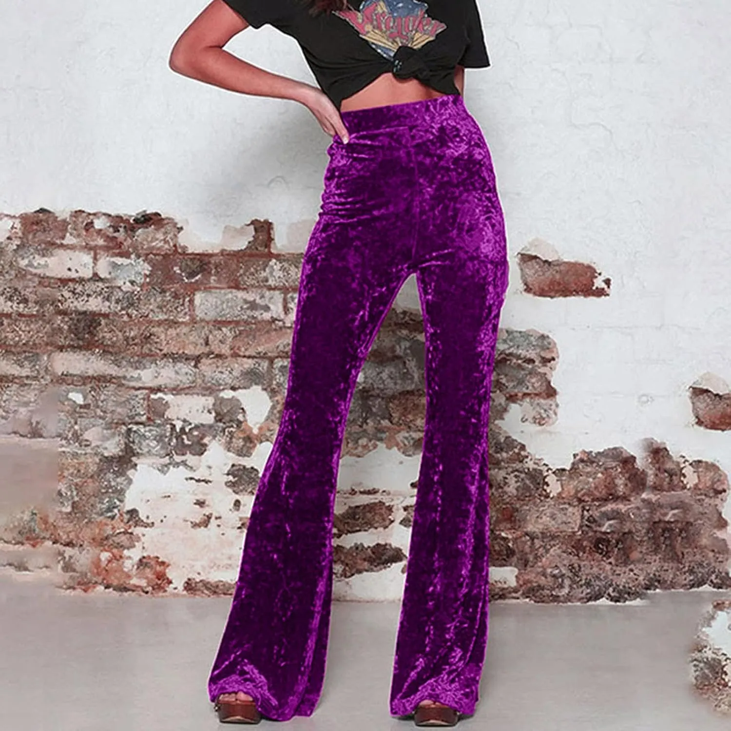 Xiaojmake Women's Elegant Velvet Flare Leg Palazzo Long Pants Elastic Waist Silky Stretchy Slim Bodycon Bell Bottom Trousers