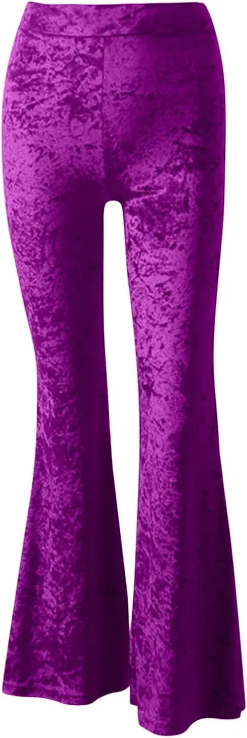 Xiaojmake Women's Elegant Velvet Flare Leg Palazzo Long Pants Elastic Waist Silky Stretchy Slim Bodycon Bell Bottom Trousers