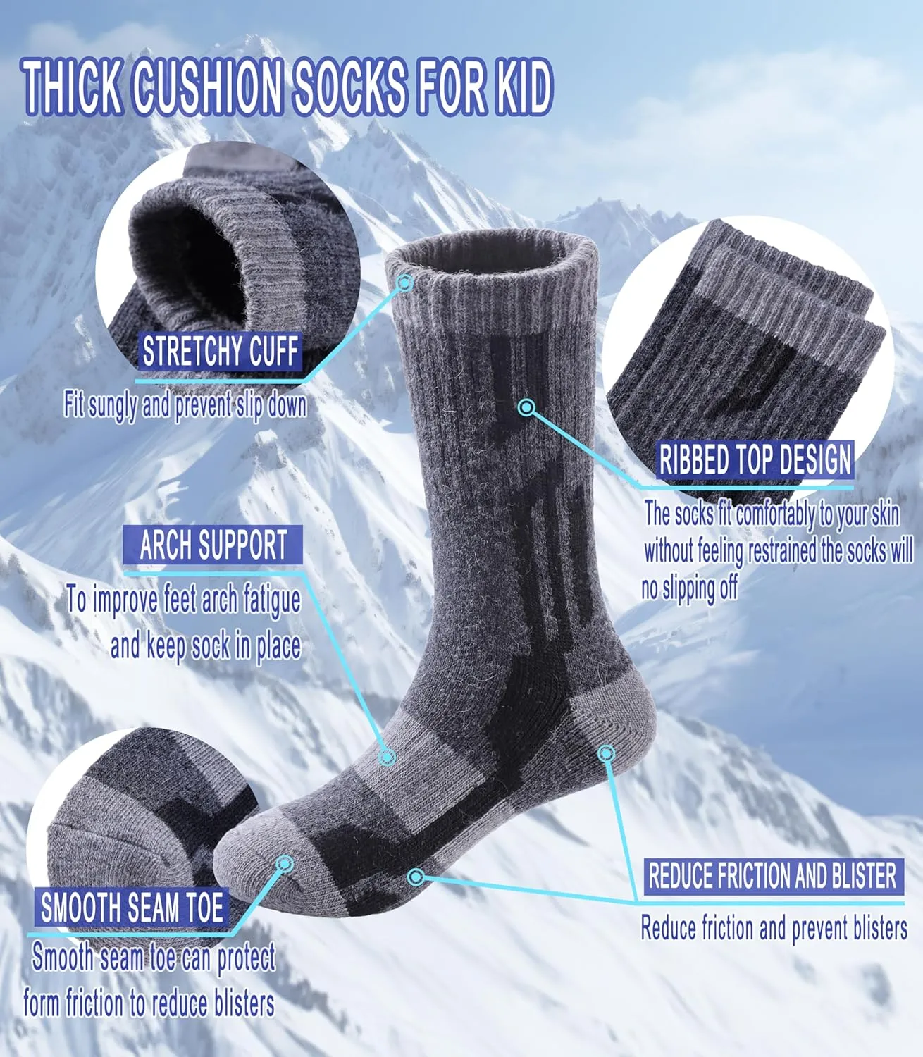 Yebing Kids Merino Wool Hiking Socks Boys Girls Toddlers Winter Warm Thermal Thick Cushion Boot Crew Gift Socks 6 Pairs