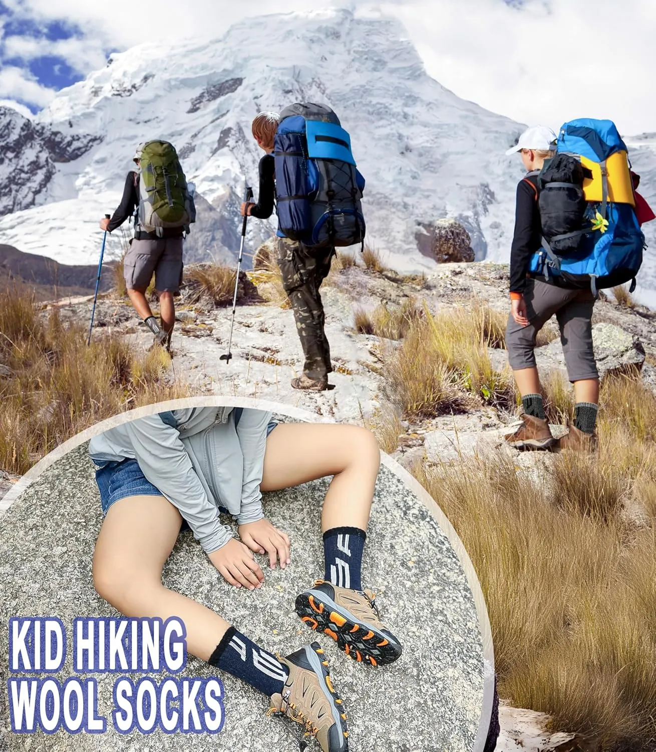 Yebing Kids Merino Wool Hiking Socks Boys Girls Toddlers Winter Warm Thermal Thick Cushion Boot Crew Gift Socks 6 Pairs