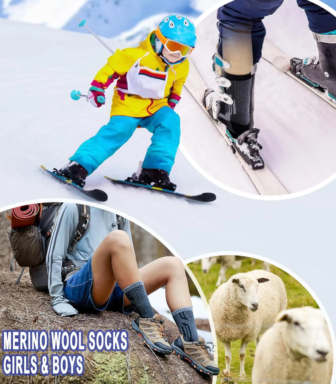 Yebing Kids Merino Wool Hiking Socks Boys Girls Toddlers Winter Warm Thermal Thick Cushion Boot Crew Gift Socks 6 Pairs