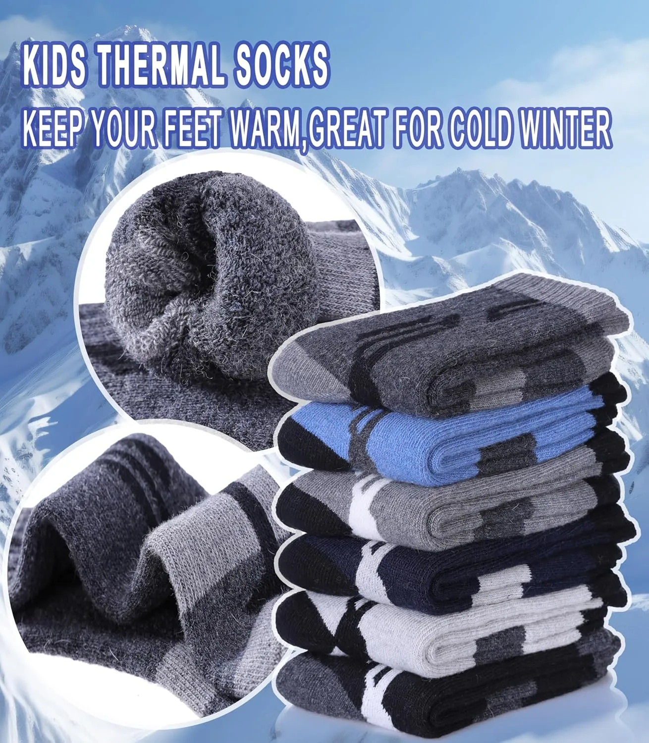 Yebing Kids Merino Wool Hiking Socks Boys Girls Toddlers Winter Warm Thermal Thick Cushion Boot Crew Gift Socks 6 Pairs