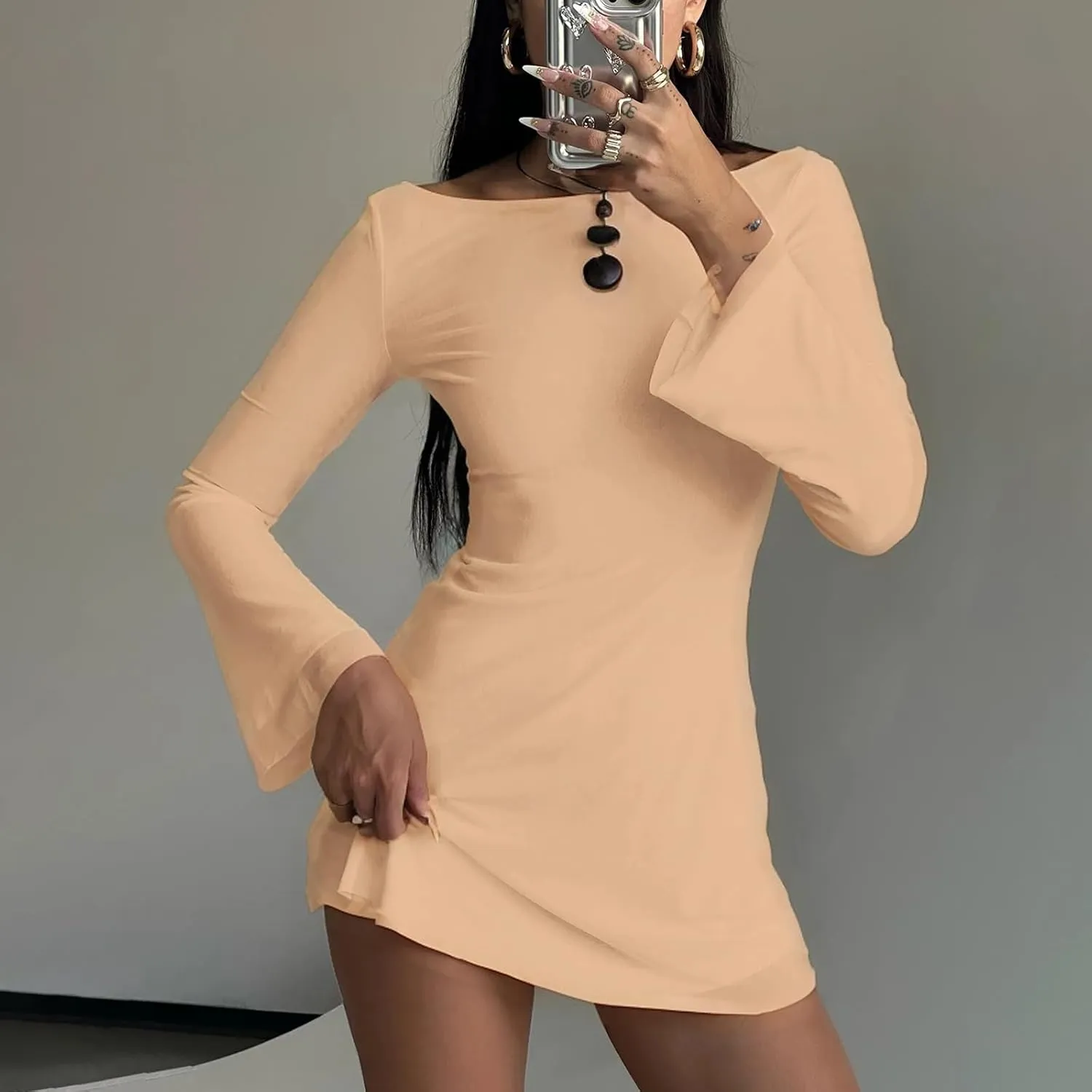 Zwirelz Women Sexy Boat Neck Backless Mesh Mini Dress Y2k Going Out Slim Fit Bell Sleeve Self Tie Back Sheer Short Dresses