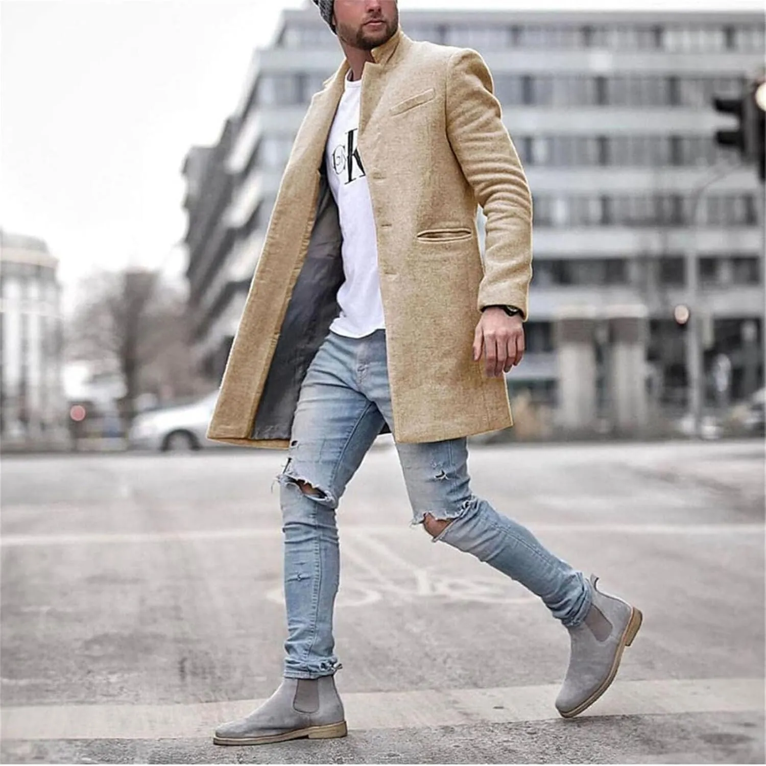 ZWRXW Woolen Trench Coat for Men Notched Lapel Double Breasted Slim Fit Winter Warm Overcoat Blazer Business Pea Jacket