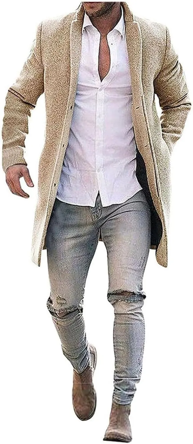ZWRXW Woolen Trench Coat for Men Notched Lapel Double Breasted Slim Fit Winter Warm Overcoat Blazer Business Pea Jacket