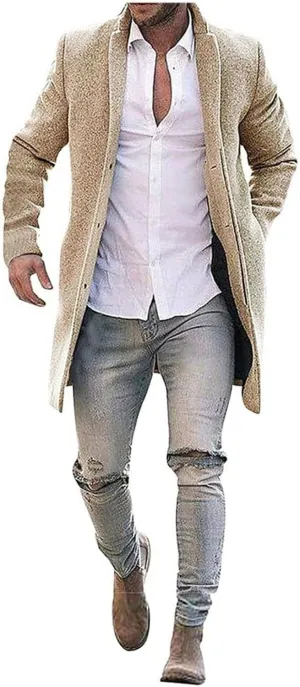ZWRXW Woolen Trench Coat for Men Notched Lapel Double Breasted Slim Fit Winter Warm Overcoat Blazer Business Pea Jacket